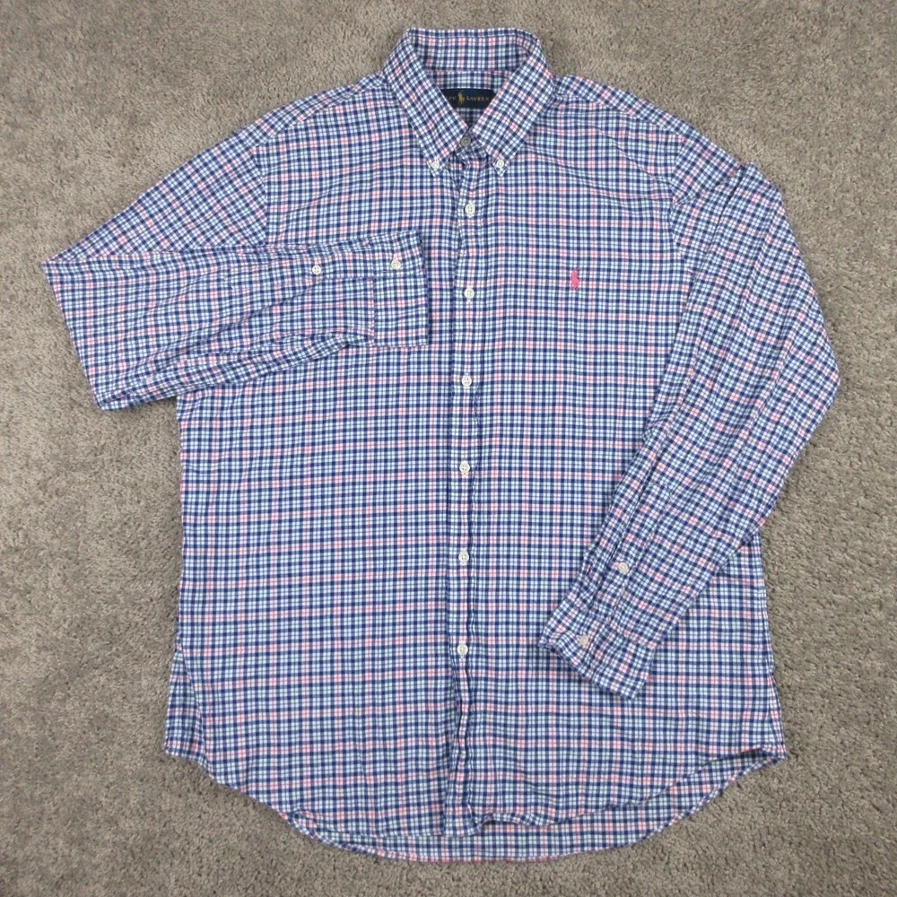 Polo Ralph Lauren Shirt Mens XL Blue Plaid Twill Flannel Pink Pony Button Up